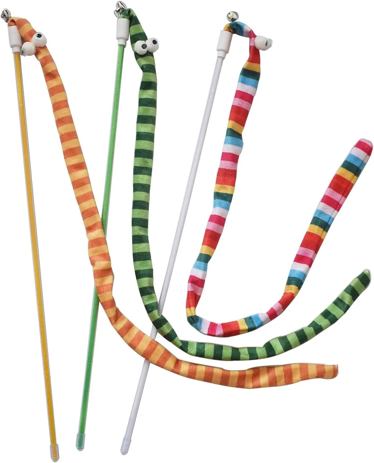 Plush cat teaser wand toy with colourful strip and bell on polycarbonate pole