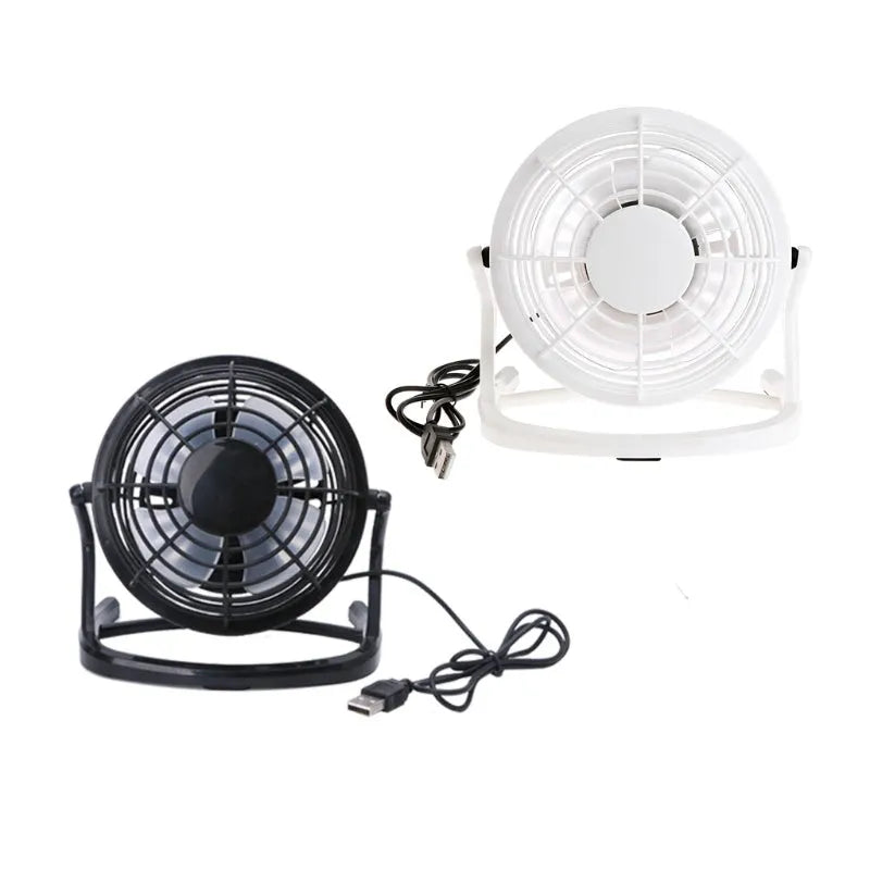 Mini USB desk fan with adjustable angle in black, white, or blue colours for quiet computer cooling