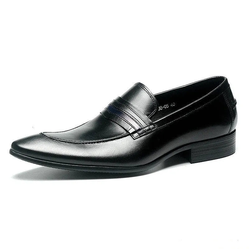 Shallow mouth men's genuine cowhide leather shoes with low heel and rubber sole in black