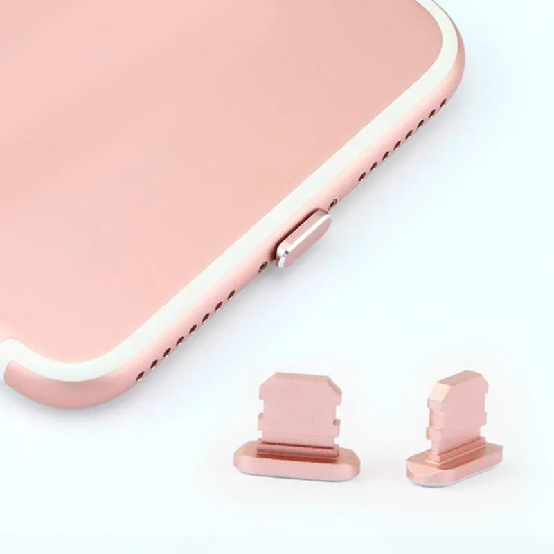 Aluminium alloy dust plug for iPhone charging port in gold, silver, blue, red, grey, black, and rose gold colours.