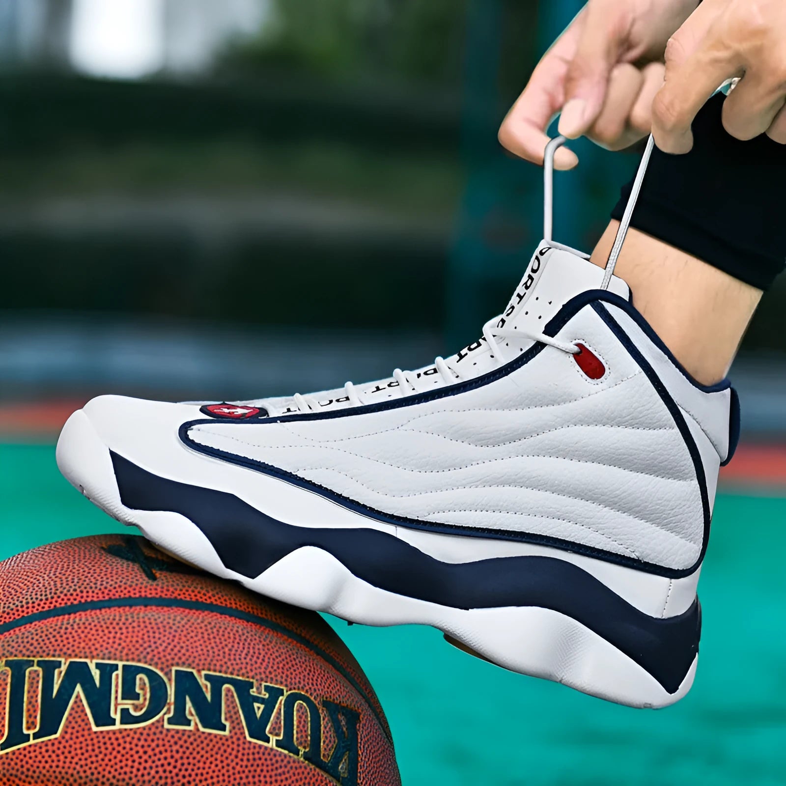 High-top running basketball shoes with mesh upper and thick rubber sole in AJ13 colour options