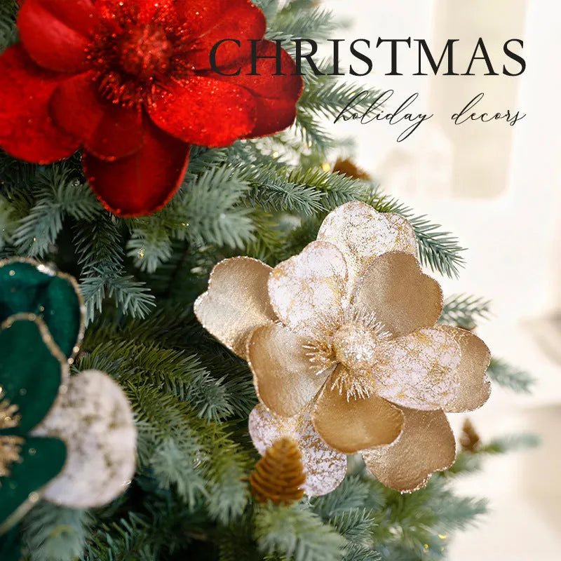 Set of three 15cm flannel Christmas flower ornaments in Champagne Gold, Dark Green, and Wine Red for tree decoration