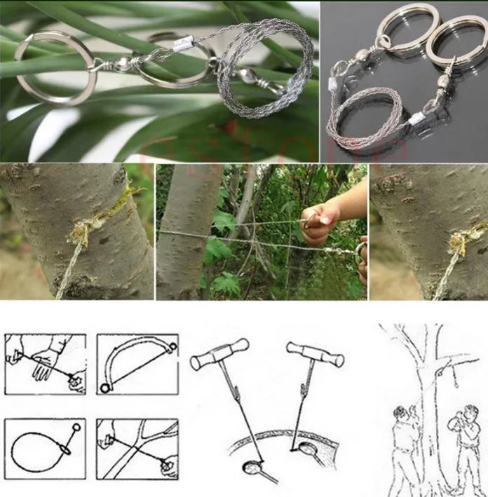 Stainless steel wire survival saw with thumb rings coiled for outdoor camping