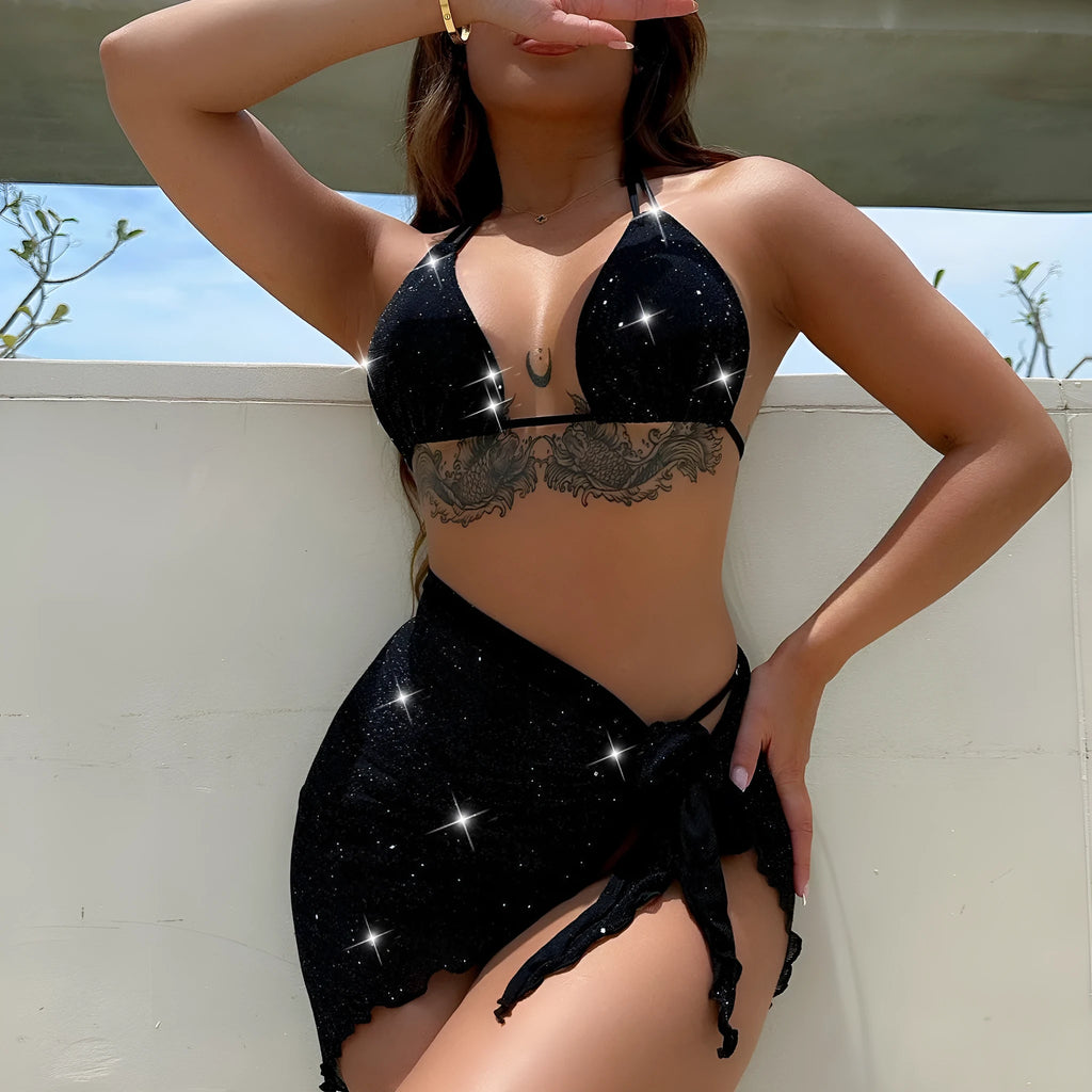 Black three-piece bikini swimsuit set with sports bra top and matching shorts