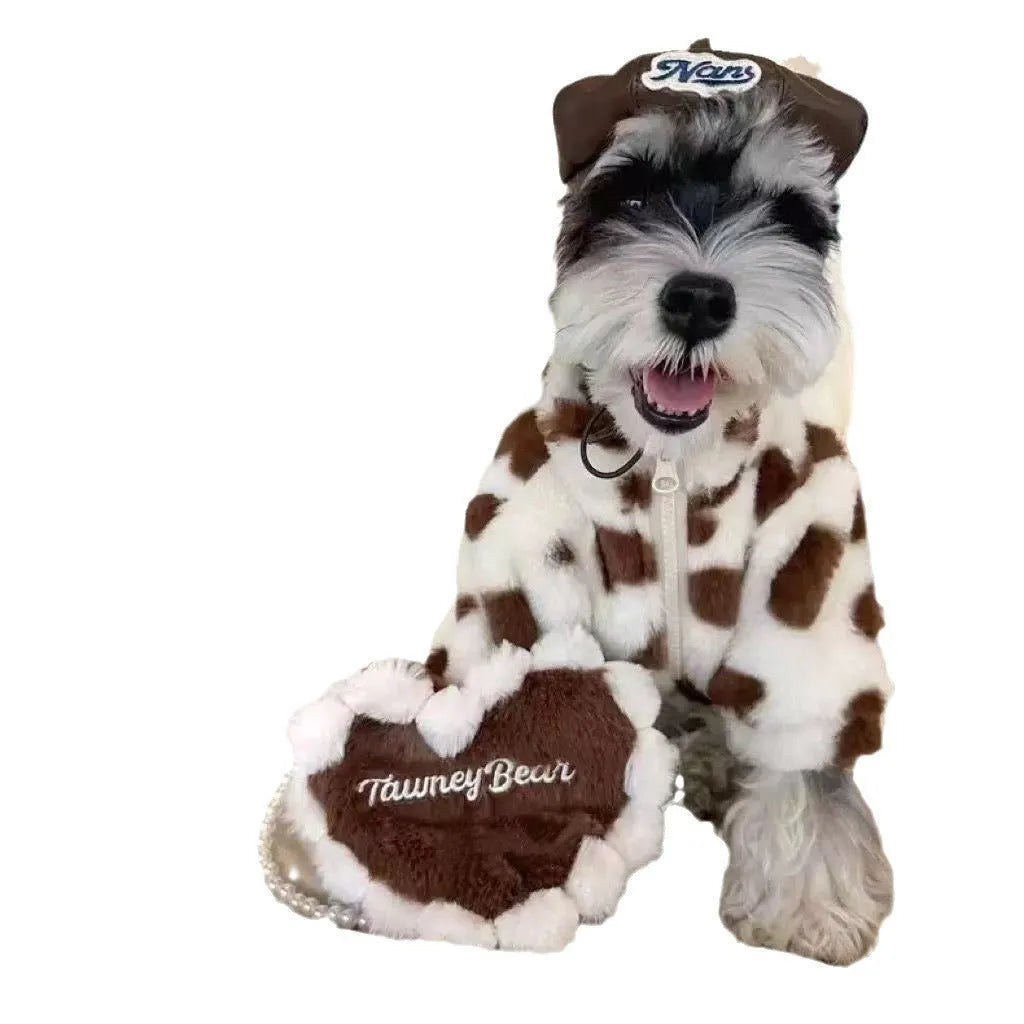 A pink polyester plush warm coat for a small dog, shown on a mannequin.