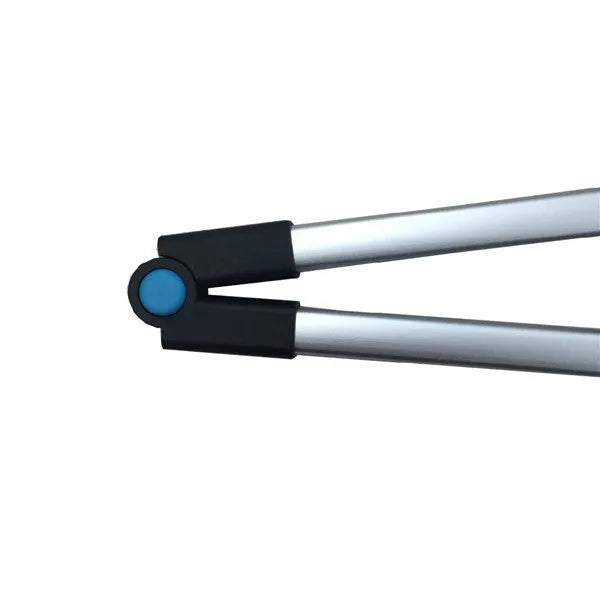Blue telescopic folding walking stick shown extended and collapsed to 13cm, with TPR handle.