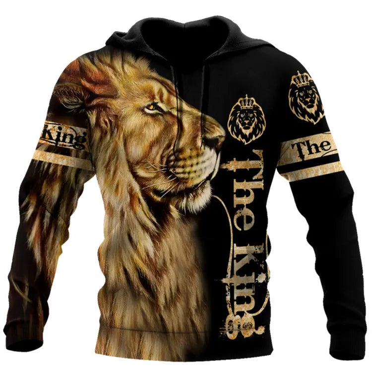 Men's cool animal-print street hoodie pullover with long sleeves and round collar in polyester fabric
