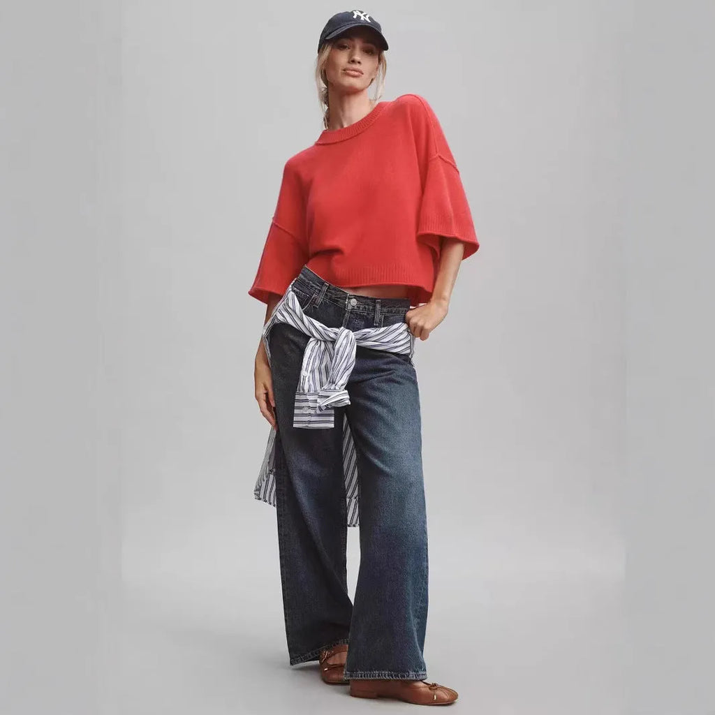 Red or white viscose fibre t-shirt with exposed navel design, available in sizes S to XXXL