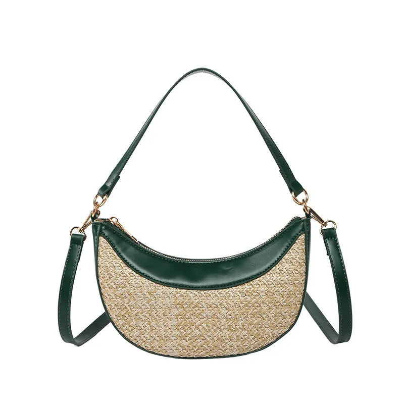 Hard straw dumpling-shaped crossbody bag with single strap and sandwich pocket in black, brown, green or white colour options