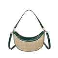 Hard straw dumpling-shaped crossbody bag with single strap and sandwich pocket in black, brown, green or white colour options