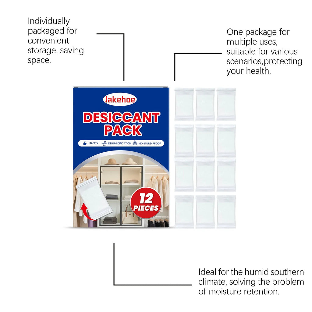 Pack of twelve white calcium chloride desiccant packets for household moisture and odour control.