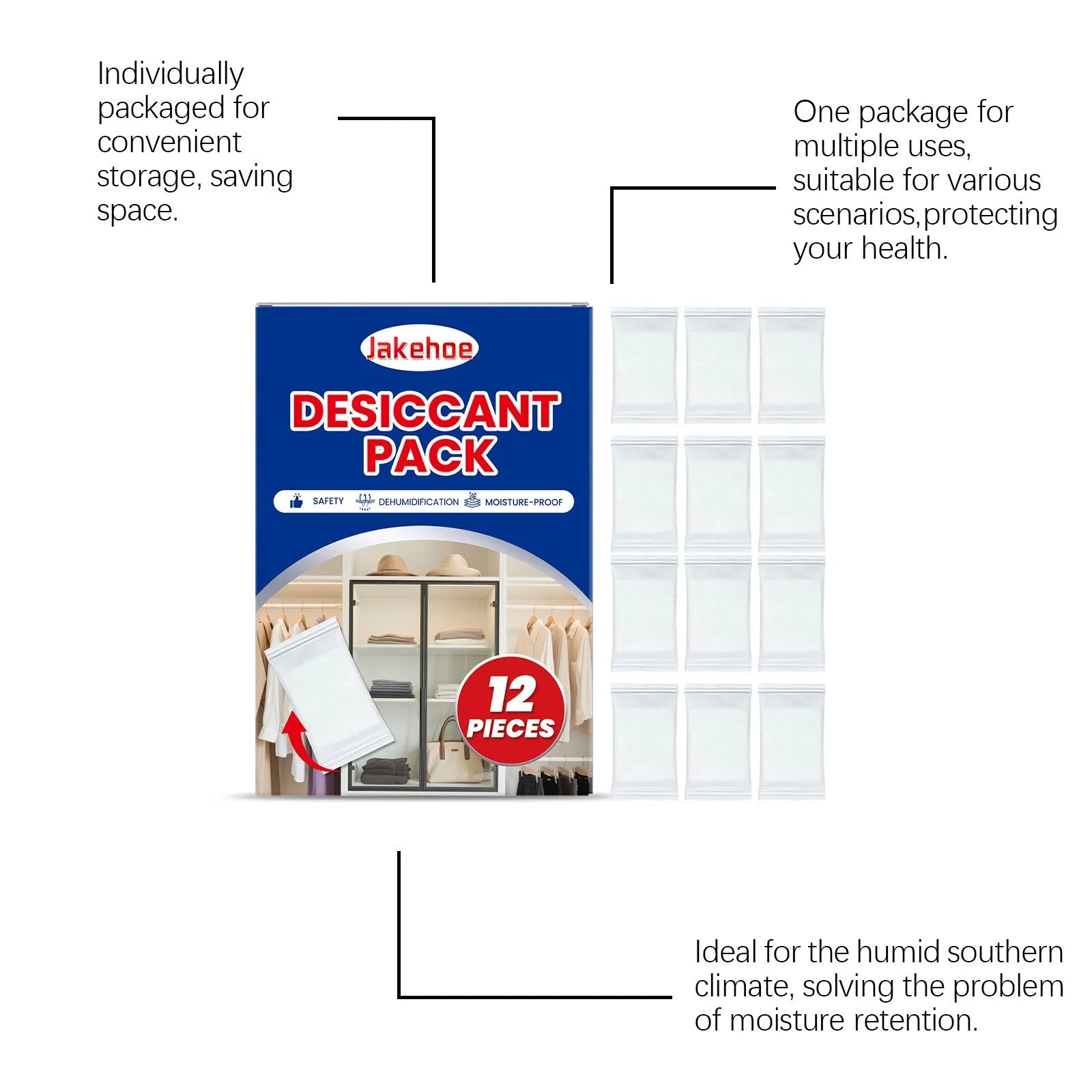 Pack of twelve white calcium chloride desiccant packets for household moisture and odour control.