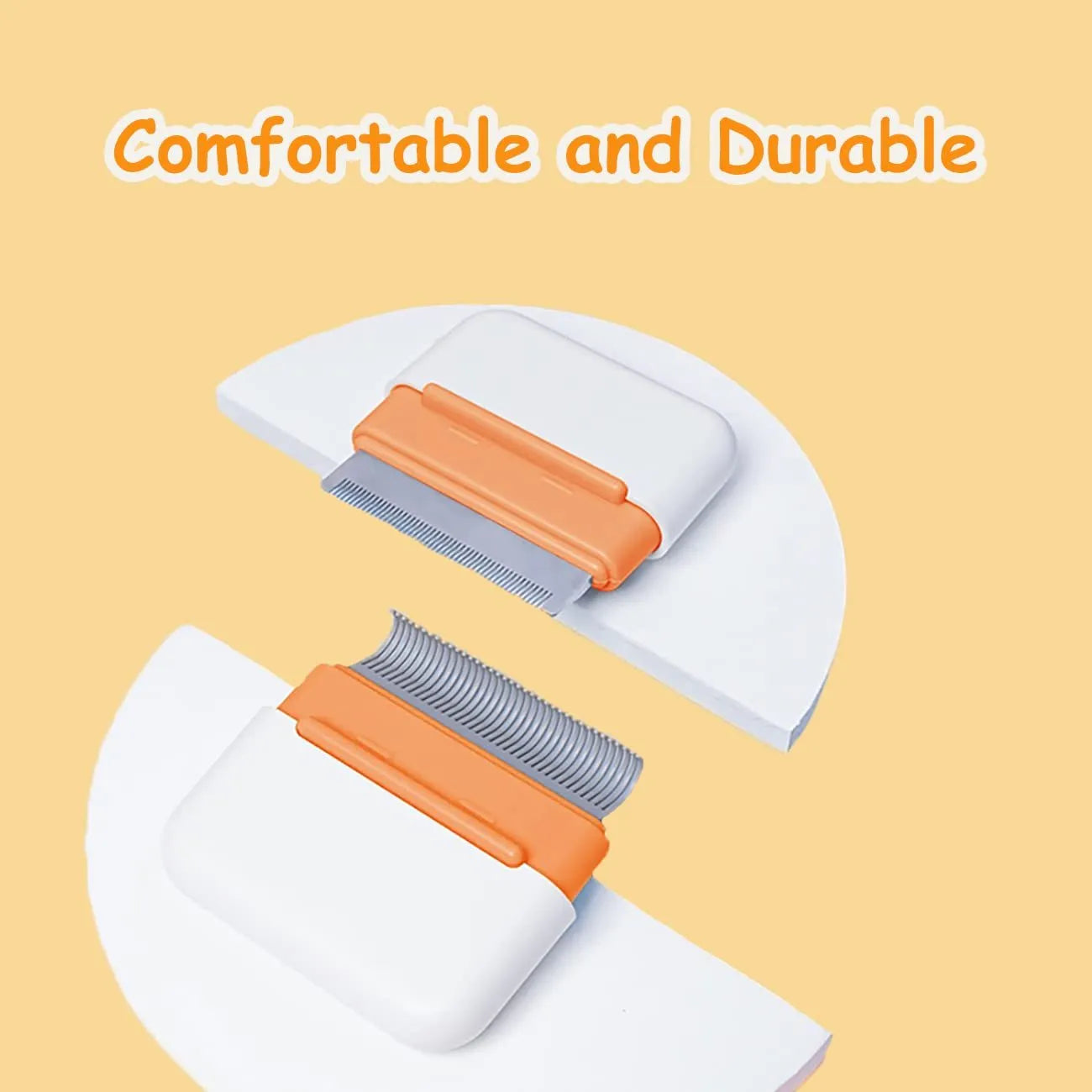Blue double-sided pet deshedding brush with stainless steel teeth on a wooden table.