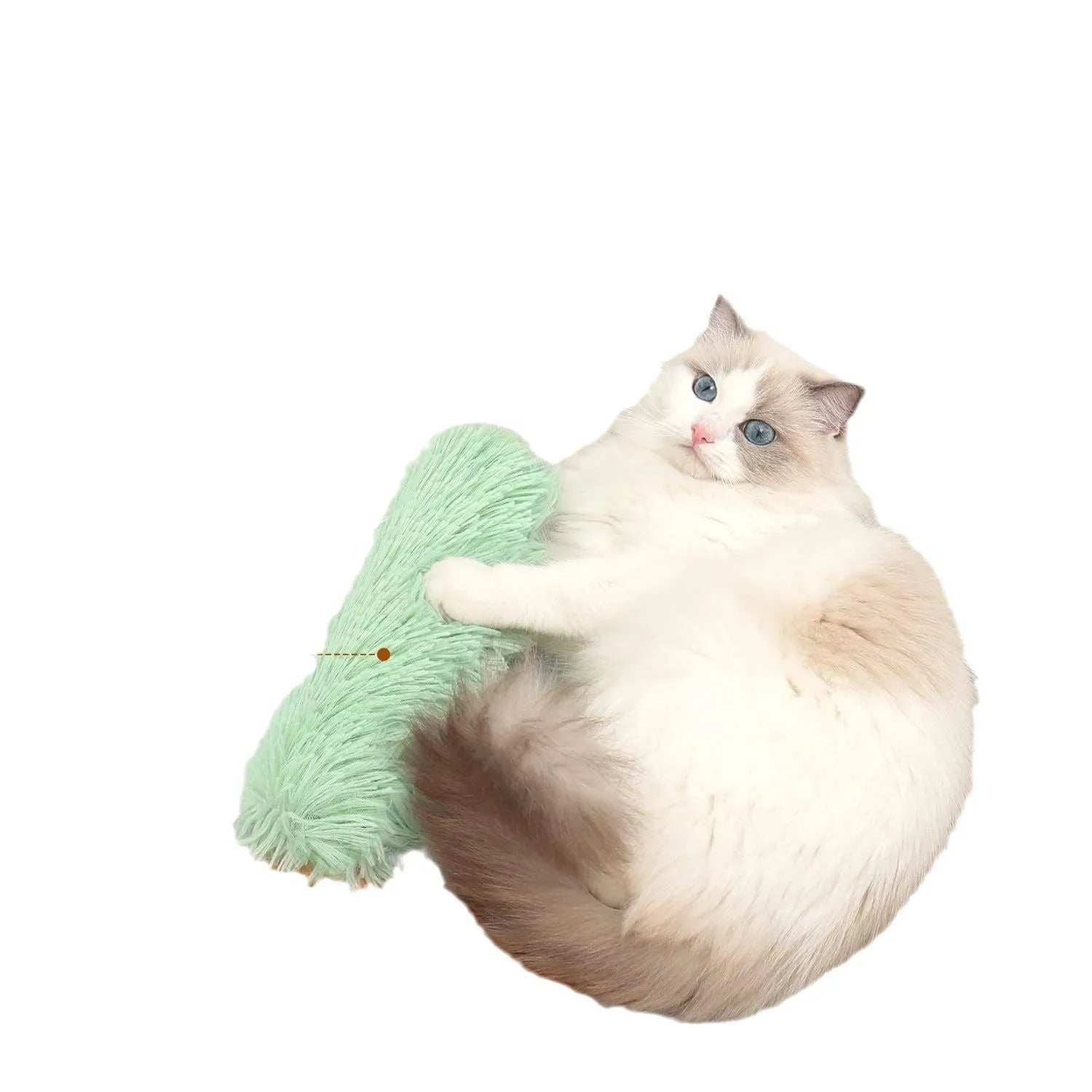 Soft plush cat toy pillow in blue, green, pink, and white colours measuring 27cm by 10cm