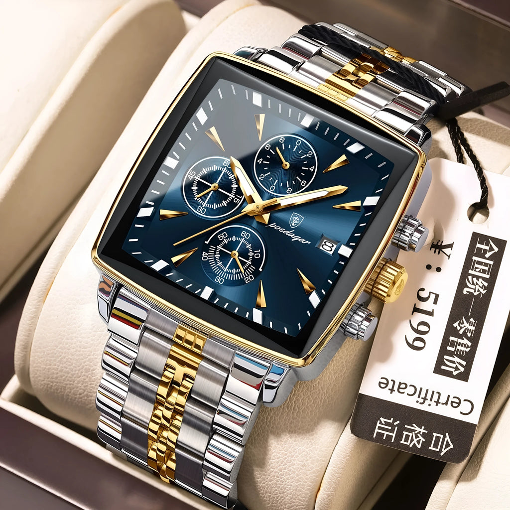 Square men's business quartz watch with stainless steel strap and mineral glass