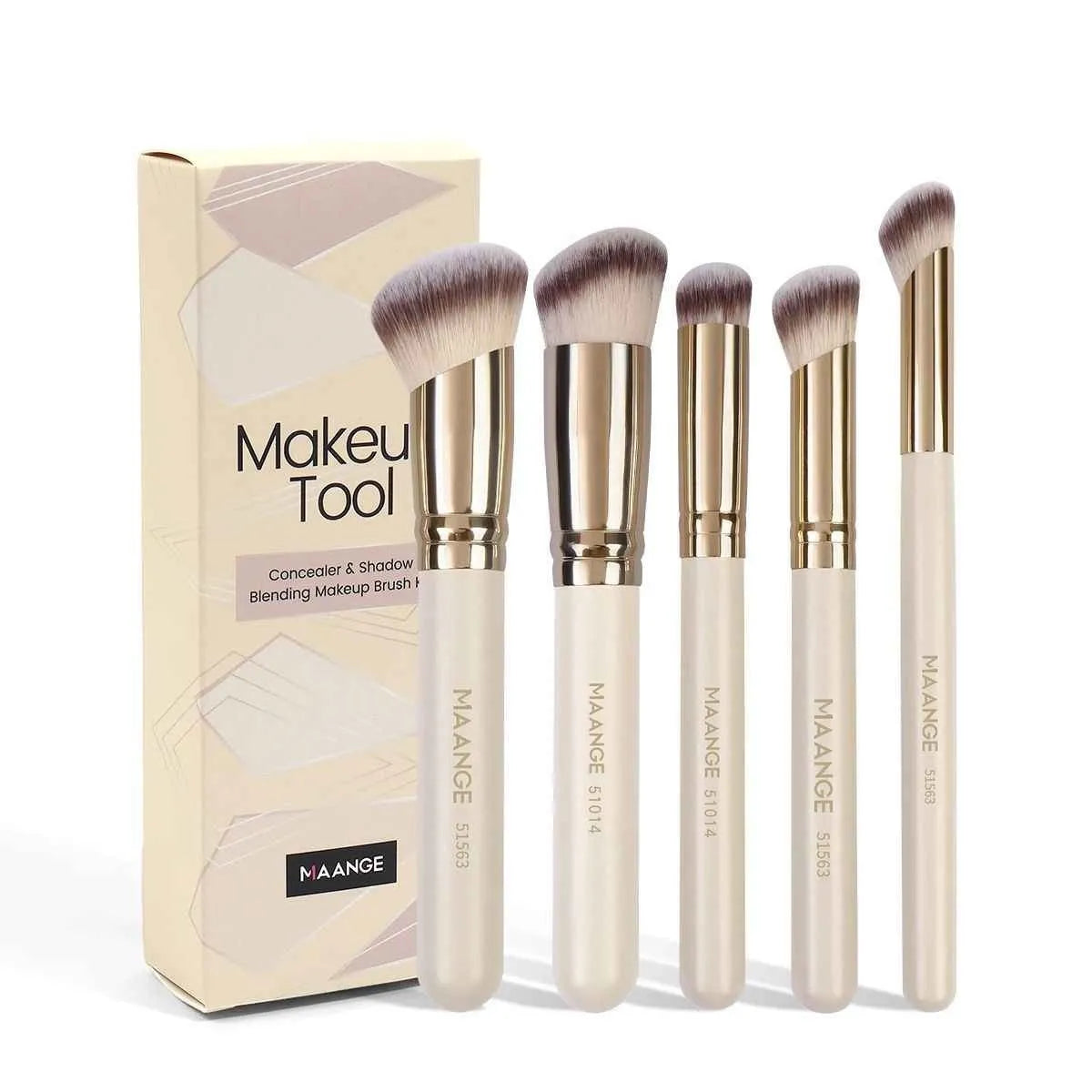 MAANGE five-piece apricot coloured makeup brush set featuring an angled blush brush on a white background.