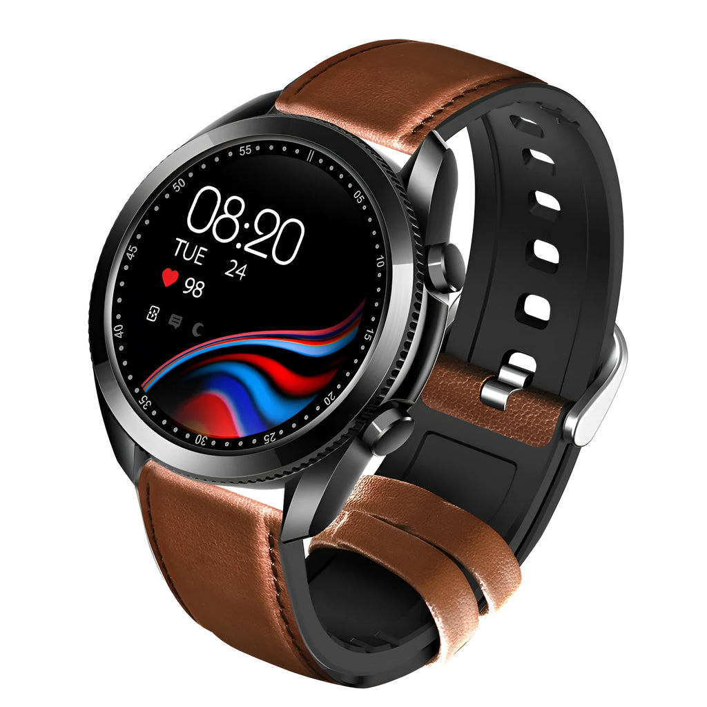 UM90 black smart call watch with leather strap showing large screen displaying fitness stats.