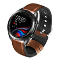 UM90 black smart call watch with leather strap showing large screen displaying fitness stats.