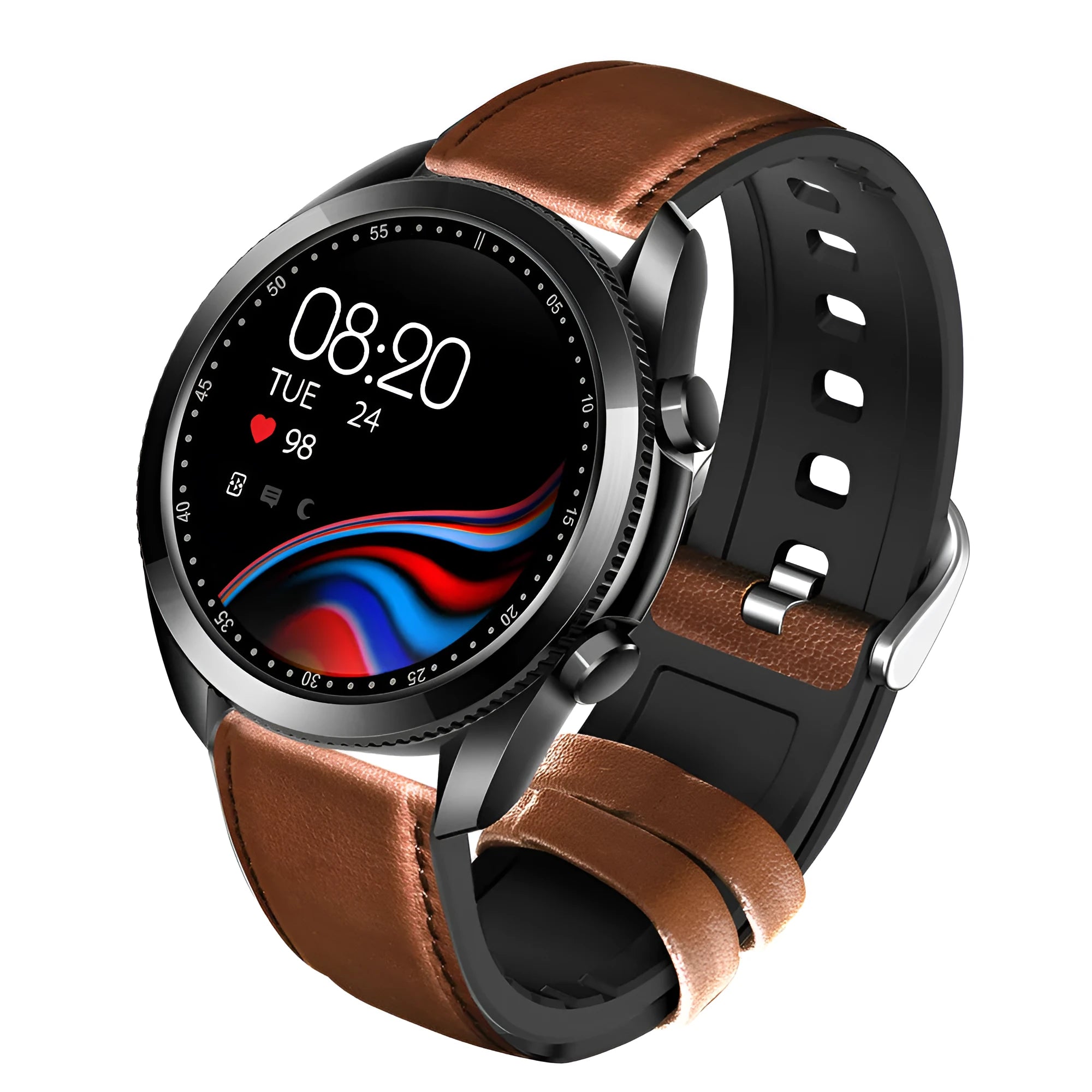 UM90 black smart call watch with leather strap showing large screen displaying fitness stats.
