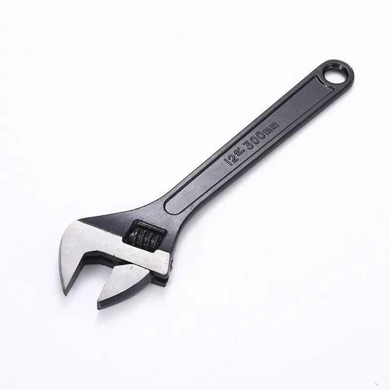 High carbon steel open-end adjustable wrench with black finish on a grey background.