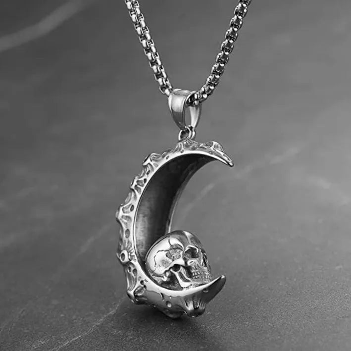 Men's silver skull necklace with stainless steel chain and alloy pendant in six design variations.