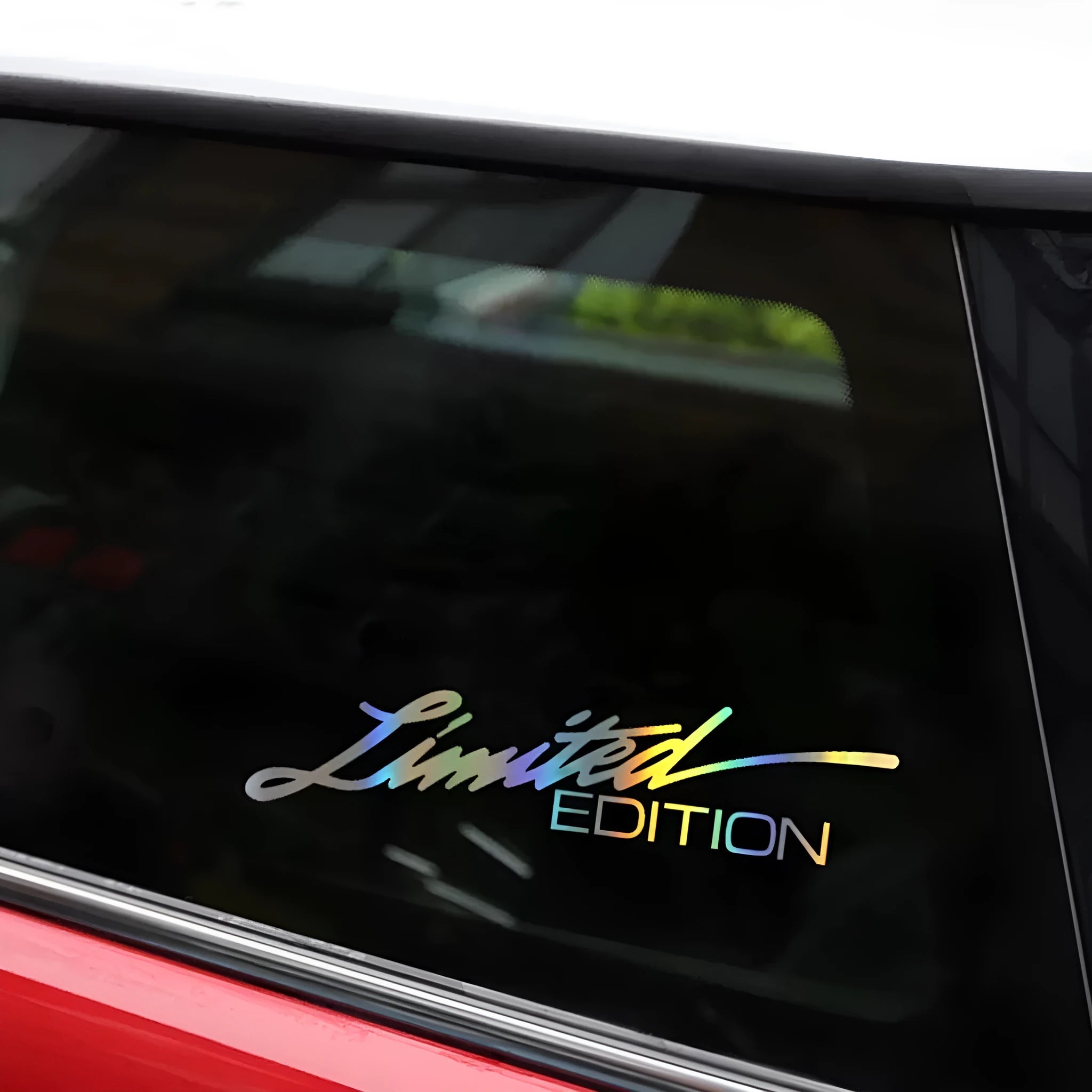 Black laser reflective car sticker with custom text design on vehicle surface