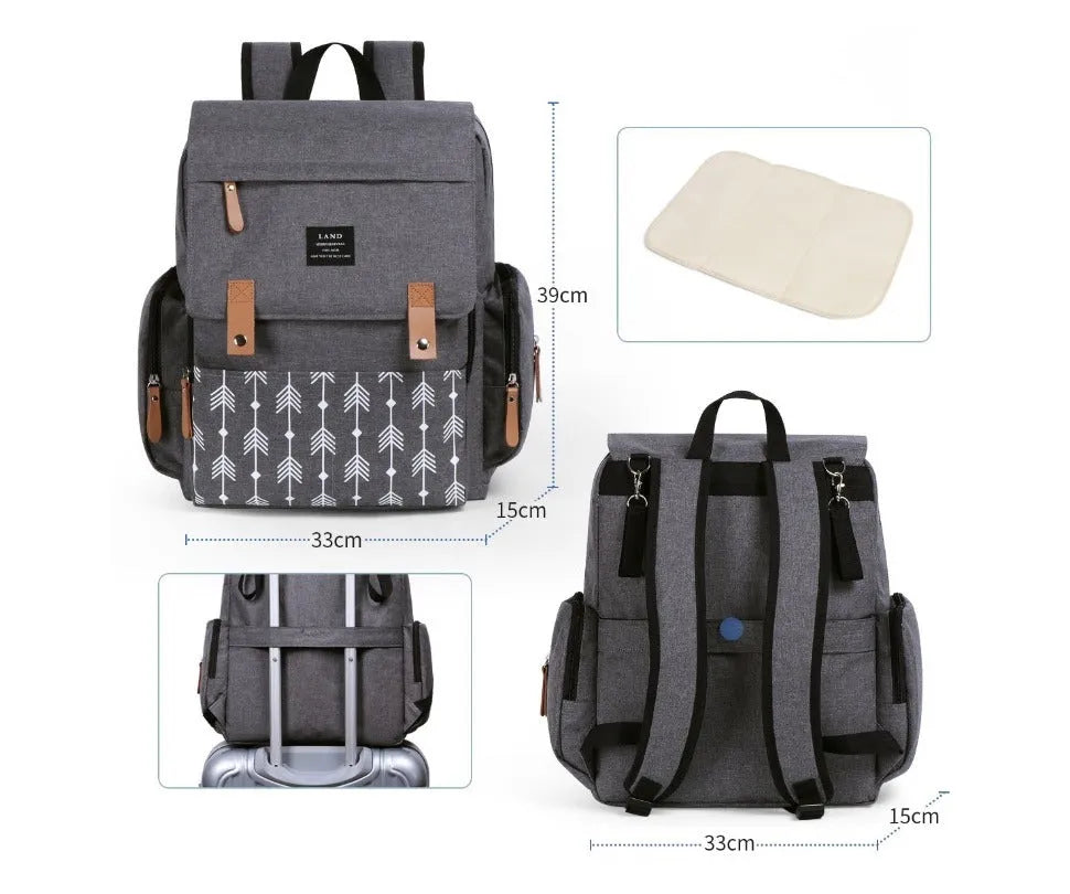 LAND Mommy large capacity oxford cloth diaper backpack with changing mat in beige colour.