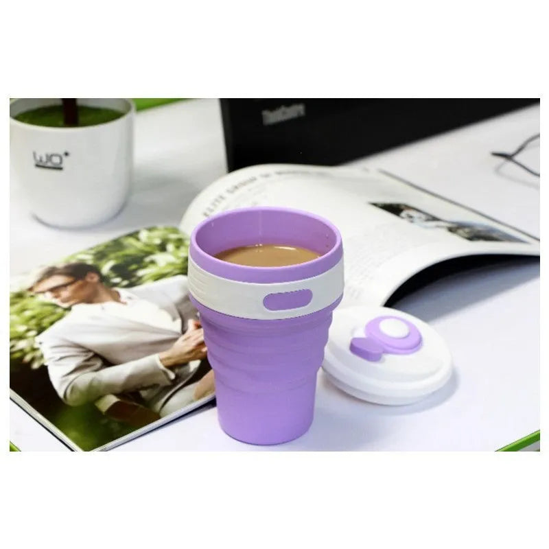 Collapsible silicone travel cup shown expanded and folded with leak-proof cover