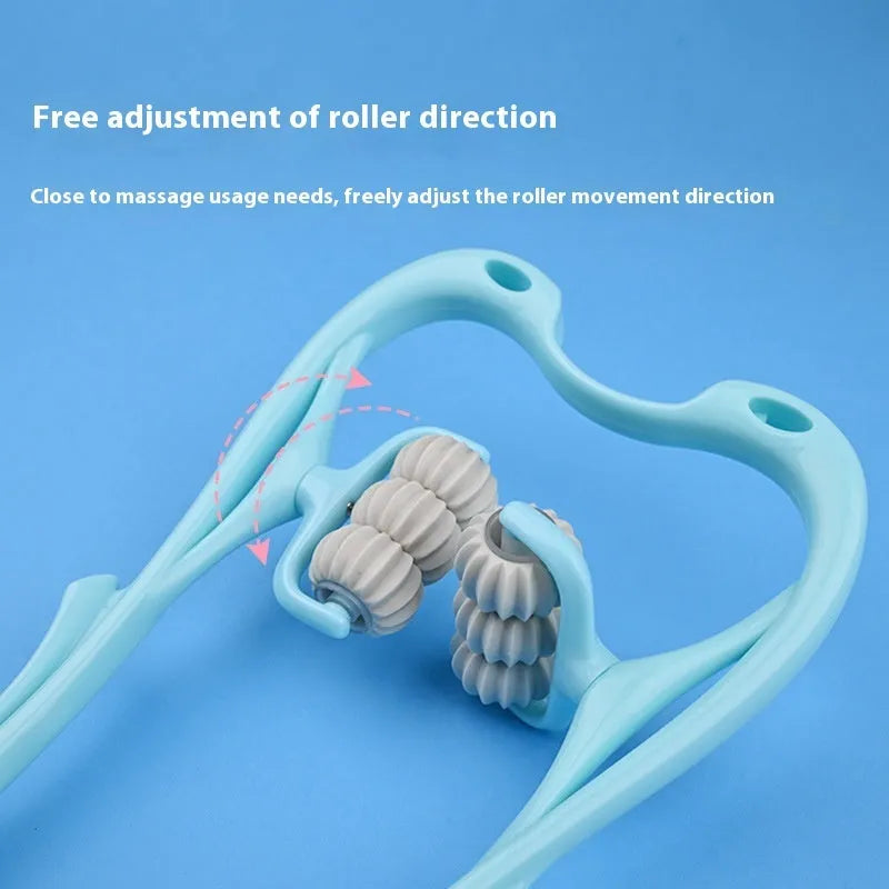 Blue plastic handheld massager with six rotating wheels and an ergonomic handle for neck, shoulder, and waist use.