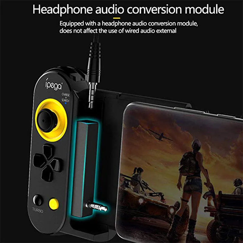 Ipega PG9167 wireless Bluetooth game controller in black ABS plastic with telescopic bracket extended, holding a smartphone for mobile gaming