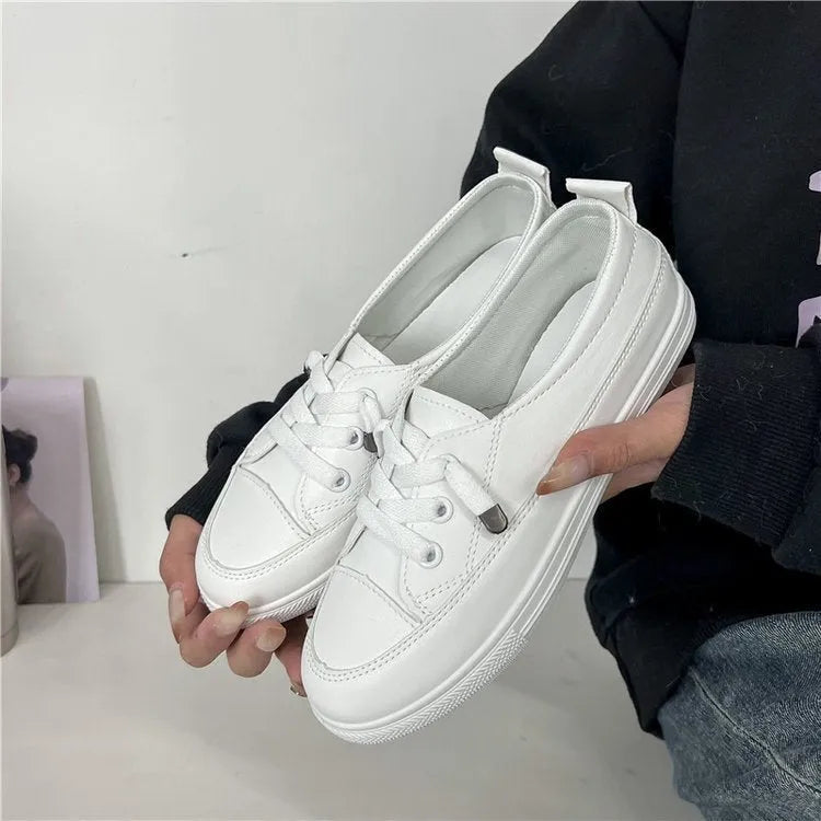 White women's sports breathable shoes with flat heel and round toe, front lace-up, artificial PU patent leather upper, rubber sole