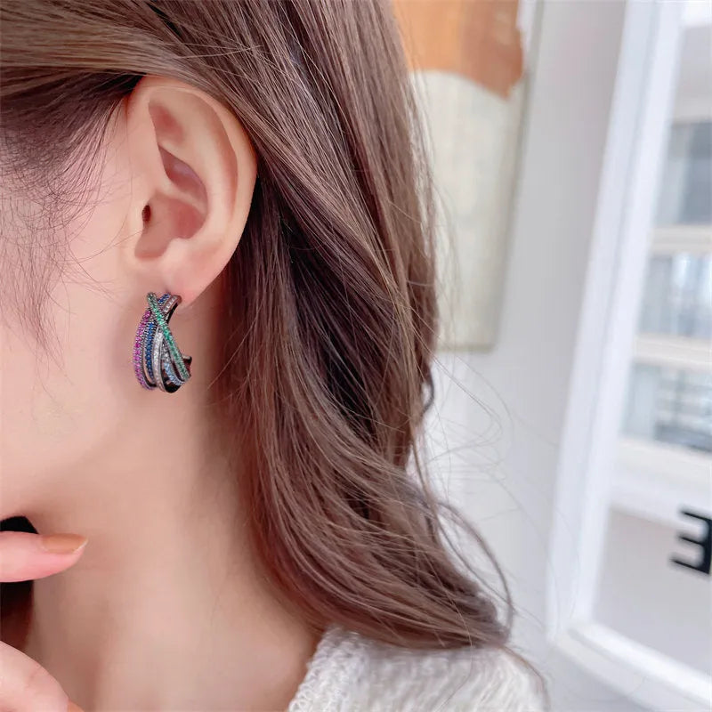 Geometric line cross C-circle earrings with inlaid zircon in three colours white gun black turquoise blue copper