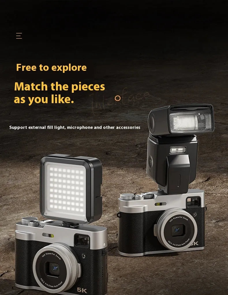 Black or brown 5K HD digital camera with front and rear lenses, optical viewfinder, and 2.88-inch screen.