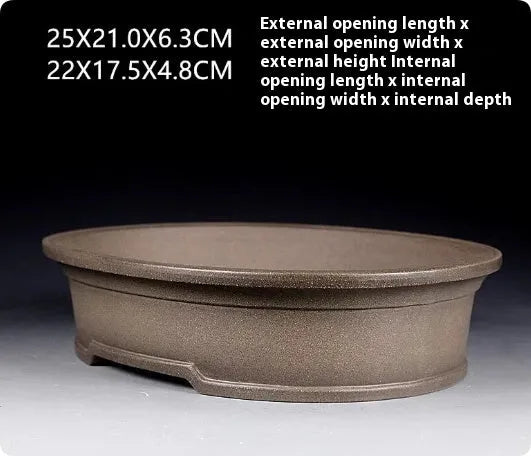 Handmade purple sand oval bonsai pot measuring 25x21x6.3cm with antique finish