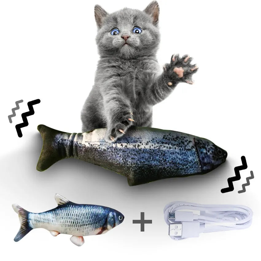 Electronic jumping fish cat toy 30cm long with USB charging cable