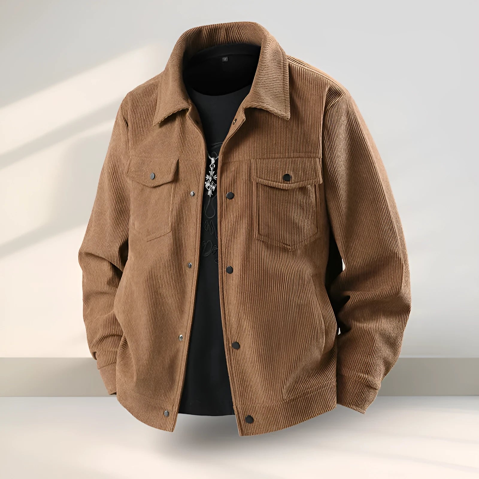A man's slim fit coat in Lycra fabric, shown in one of four available colours.