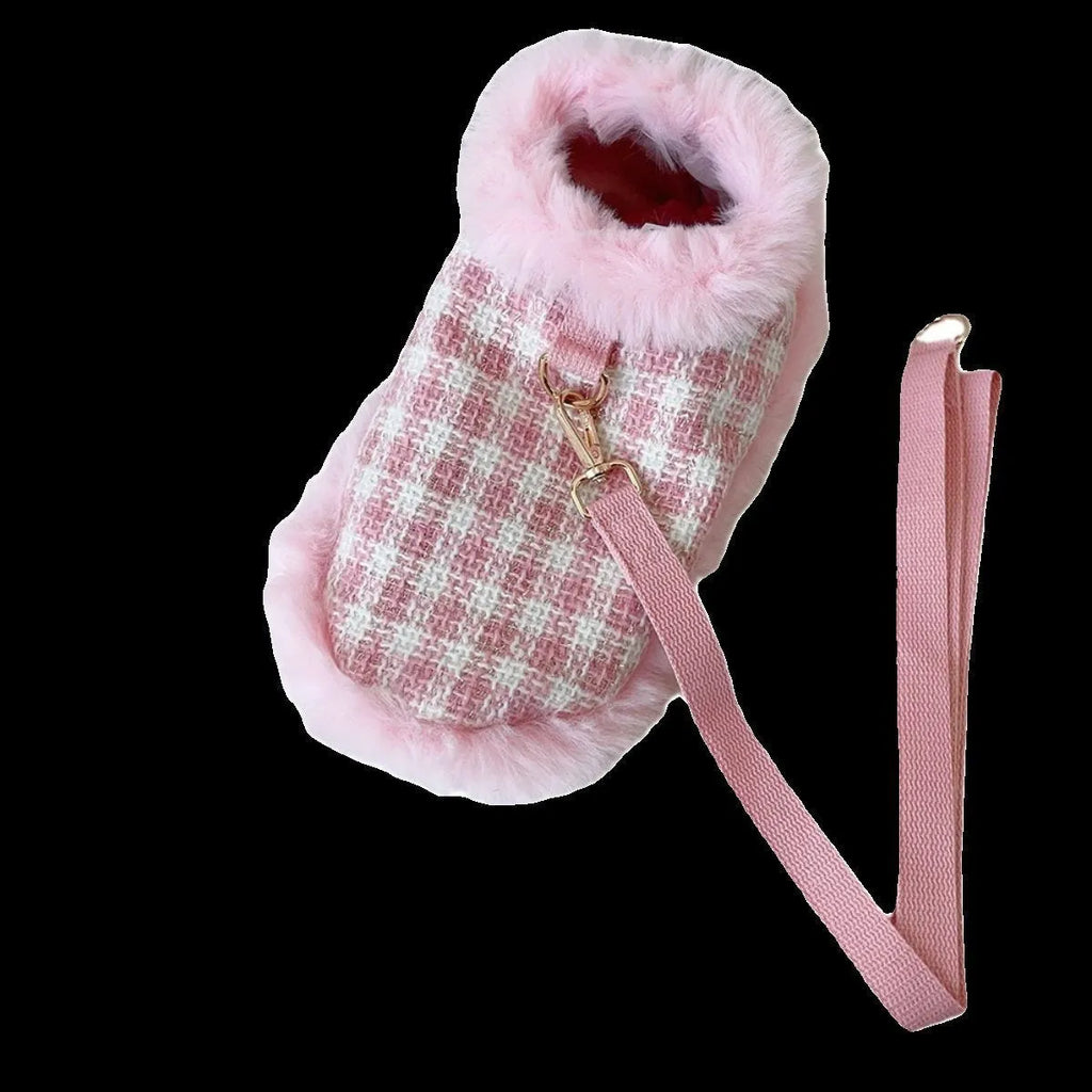 Pink cat clothing set with beret, cloak, and hand-holding rope accessory for female cats