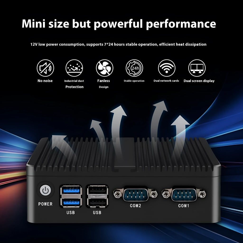 Industrial fanless mini-host computer measuring 13.6cm with dual network ports