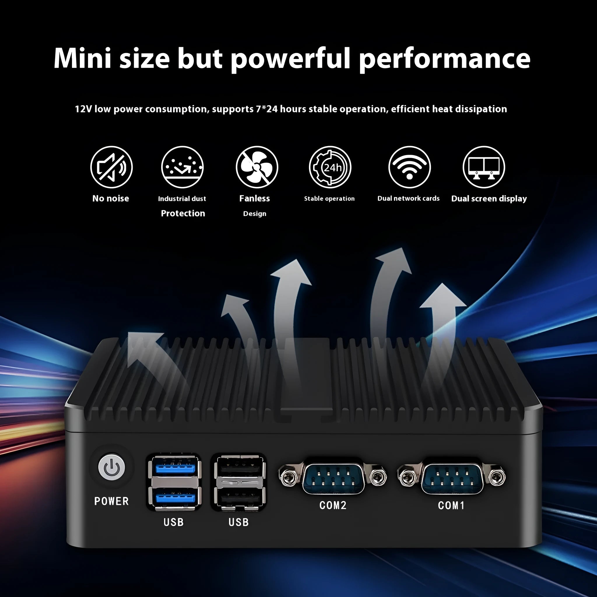 Industrial fanless mini-host computer measuring 13.6cm with dual network ports