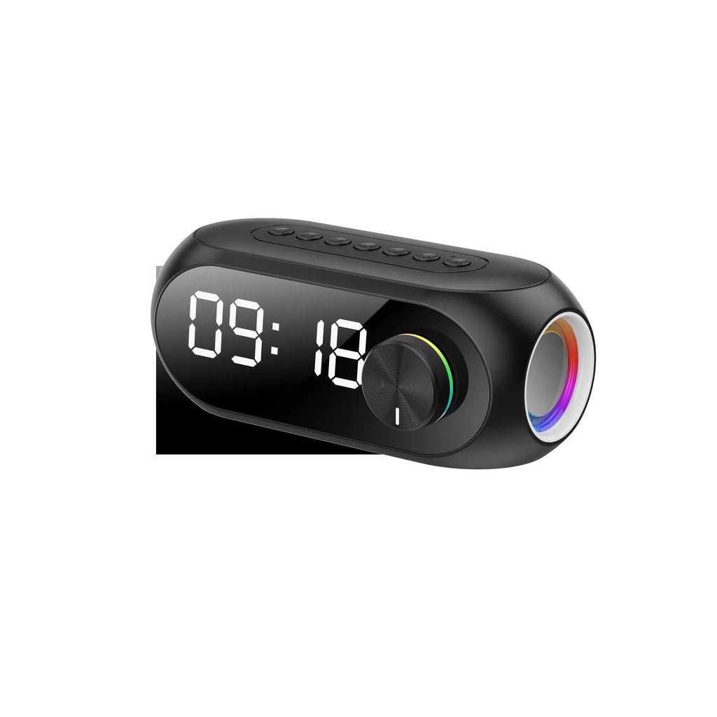S8 black mini portable clock speaker with extra bass and USB charging cable
