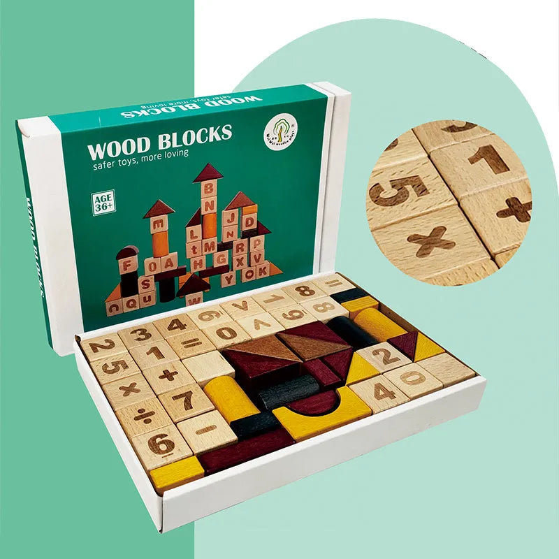 Children's educational wooden building blocks with lettering, beech wood, alphabet learning toy set