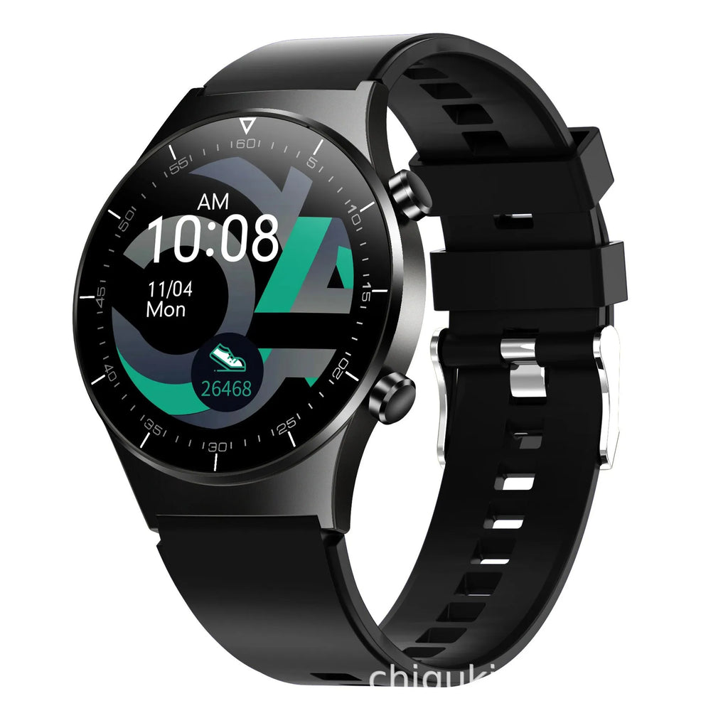 Black smart watch with heart rate monitoring on TPU wristband showing 1.28-inch touch screen display