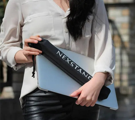Black folding portable laptop stand made from reinforced nylon, shown in open and closed positions.