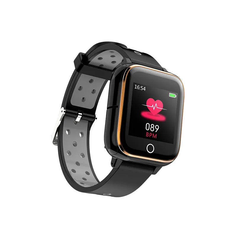 Smart watch with Bluetooth earbuds stored in charging compartment, showing 1.4-inch display with fitness metrics
