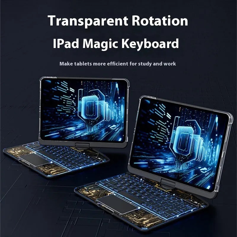 Transparent rotating keyboard protective case for Apple iPad Air 5 with integrated wireless keyboard and stand.