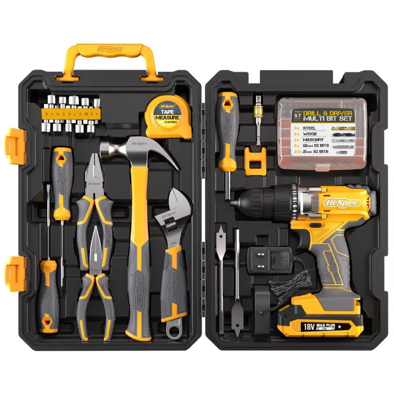 Grey yellow 82-piece home repair tool set in toolbox for furniture installation
