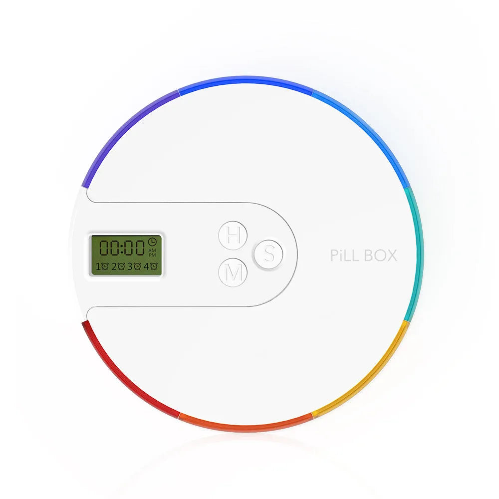 7-compartment alarm clock pill dispenser showing colourful options and compact 11 cm design