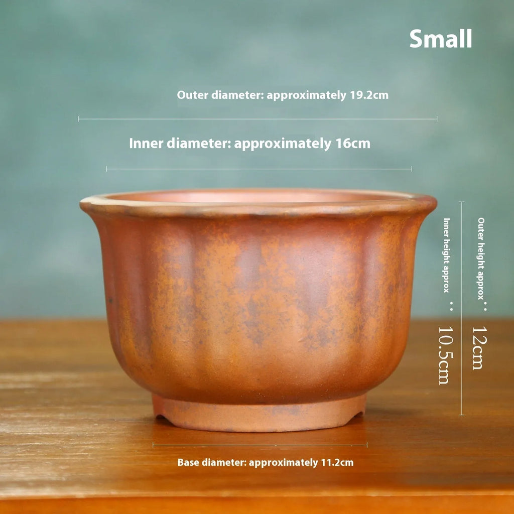 Antique carved purple sand ceramic flowerpot in S1696 firewood colour for indoor bonsai displays