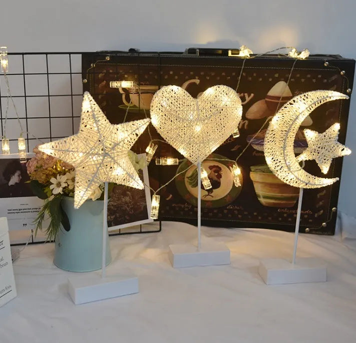 Rattan LED decorative lamp with copper wire in love, star or moon designs
