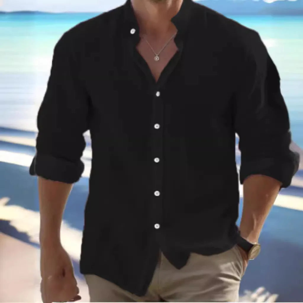 Men's casual button-up beach shirt in long-staple cotton shown in light blue colour.